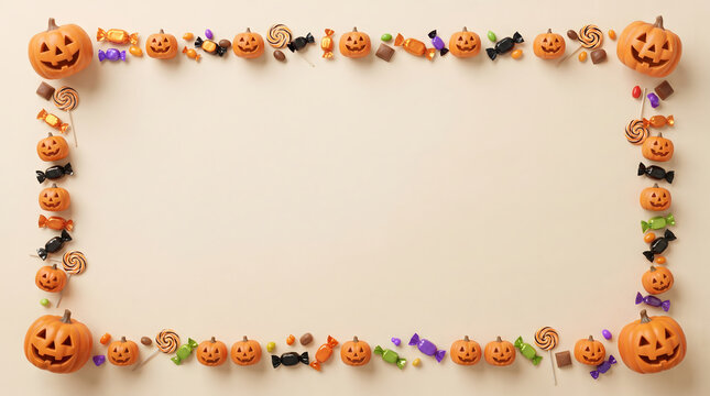 Mini jack-o-lantern pumpkins, lollipops and wrapped candies forming a rectangular border frame on cream background, 3D Halloween with copy space