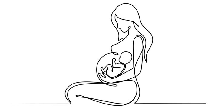One line drawing of pregnant woman cuddling tiny unborn baby inside belly representing maternity bonding and family love care.