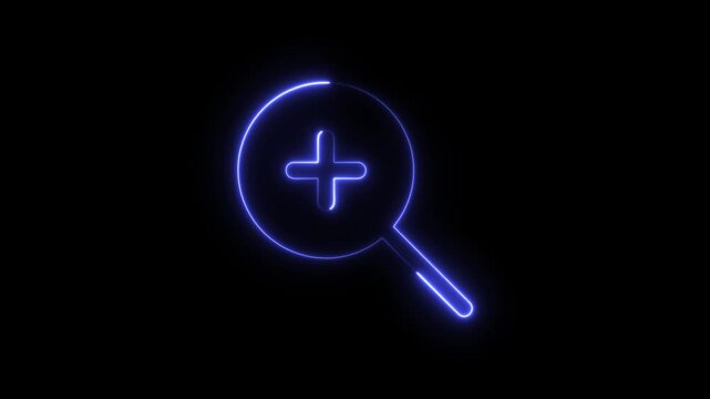Glowing blue neon zoom in magnifying glass icon on dark background