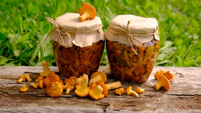 Preservation of chanterelle mushrooms in a jar. Selective focus.