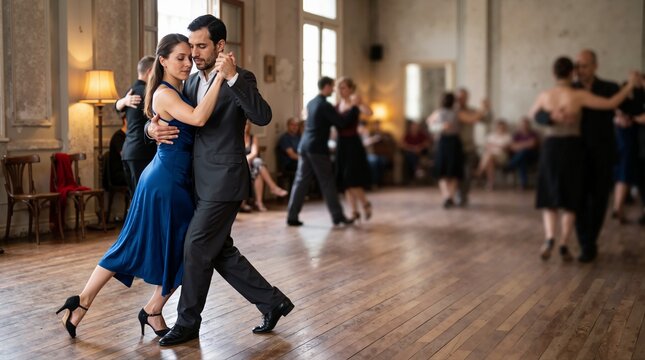 Couple dancing Argentine tango in close embrace on wooden dance floor. Man in suit and woman in blue dress performing at milonga studio