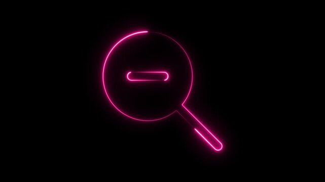 Neon pink zoom out magnifying glass icon on black background