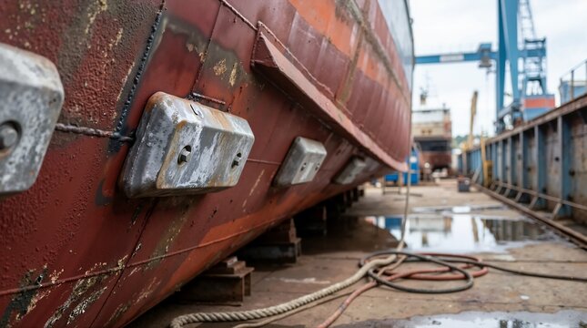 Sacrificial zinc anodes mounted on boat hull in drydock. Cathodic corrosion protection on vessel bottom in shipyard