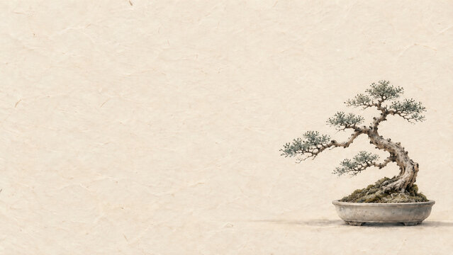 Bonsai tree on a beige paper textured background with copy space