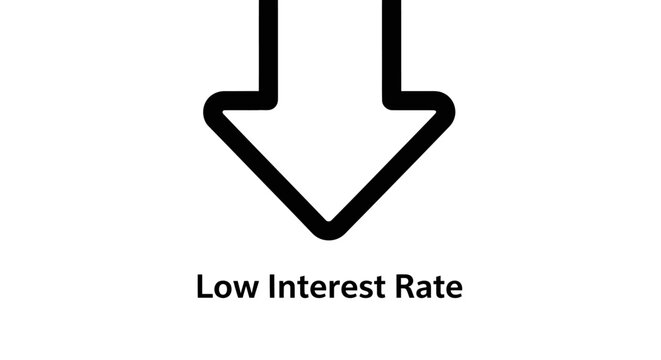 Black and white vector illustration of a financial concept featuring a downward pointing arrow and the text "Low Interest Rate" below it