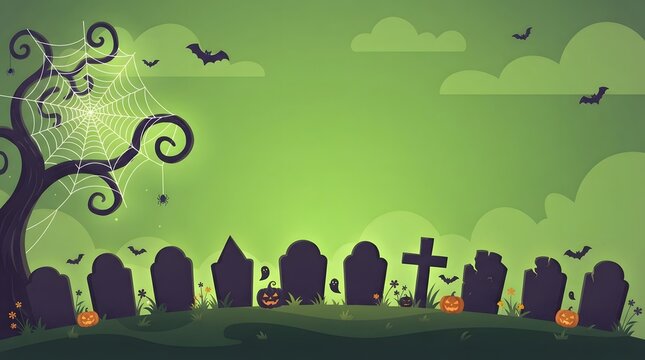 Cartoon halloween cemetery with tombstones spiderweb on gnarled tree and green sky backdrop.