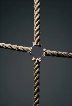 Fragility and breaking point frayed rope ends pulling apart stress tension conflict and the risk of failure in business or relationships
