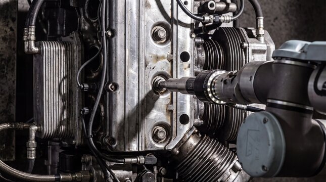 Industrial Robotic Arm Assembling Car Engine Components