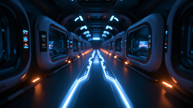 Futuristic Spaceship Corridor with Glowing Neon Lights