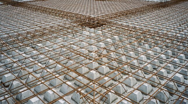 Steel Rebar Grid on Concrete Foundation at Construction Site
