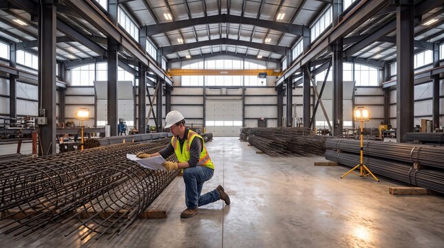 Engineer Reviewing Blueprints Beside Steel Rebar in Warehouse