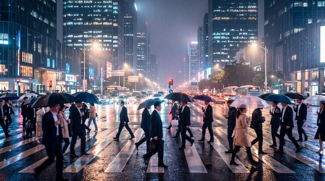 Business Commuters with Umbrellas Crossing Rainy City Street at Night