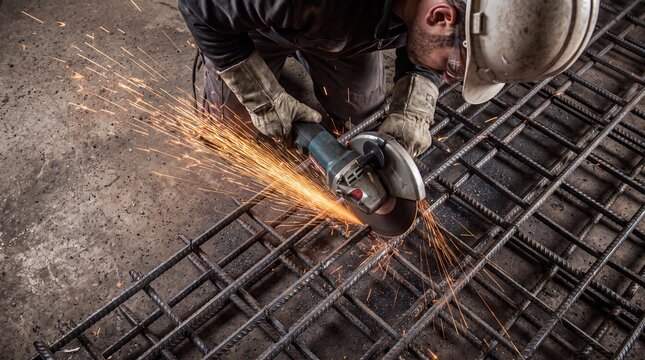 Construction Worker Cutting Steel Rebar with Angle Grinder