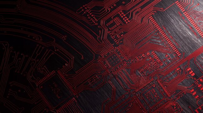 Red Circuit Board Tracks on Dark Technology Background