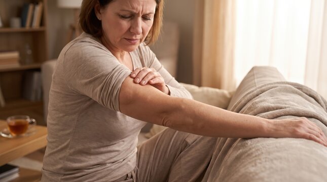 Mature woman scratching her itchy arm while sitting on a couch at home. Important healthcare and allergy concept illustrating skin disease, irritation symptoms, and medical treatment needs.
