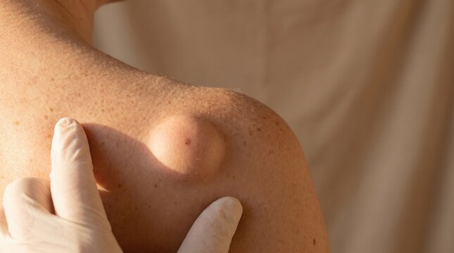 Doctor examining a large skin lump on a patient shoulder. Medical diagnosis for skin diseases and allergies, showcasing clinical evaluation of a body cyst or tumor.