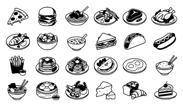 Colorful Restaurant Food Line Icons with Pizza Burger Pasta Sushi Steak Chicken Salad Soup and Desserts Flat Vector Collection