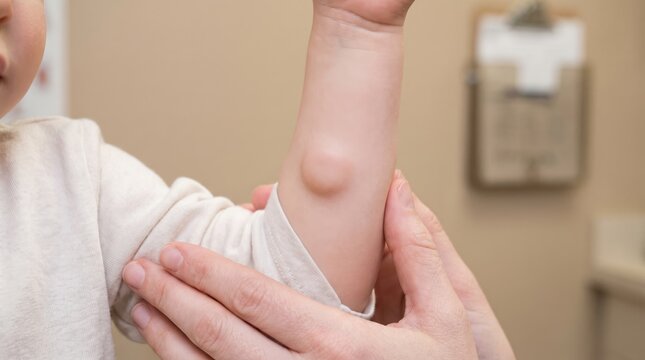 Pediatrician examining a childs arm with a visible skin lump in a medical clinic. Essential medical documentation for pediatric health conditions, allergy diagnosis, symptom awareness, and.