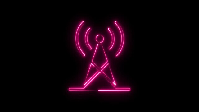 Neon pink glowing radio tower icon with signal waves on a dark background