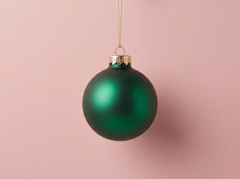 Gold string hanging emerald green matte bauble against pink background holiday decoration