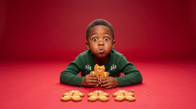 Surprised boy eating gingerbread man cookie on red background