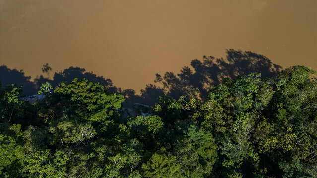 Aerial view of the Nanay River winding through the Amazon rainforest, Loreto, Peru
