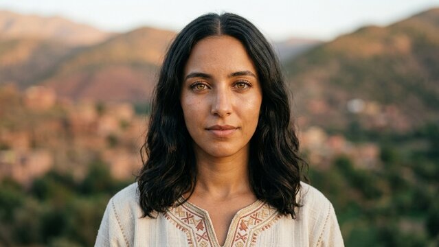 Mindful portrait of beautiful INFJ North African woman in woven kaftan looking at camera at sunset