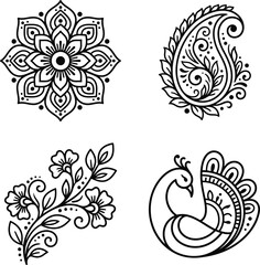 Four distinct black and white decorative design elements including floral mandalas and artistic peacock silhouette motifs © Grapic Design