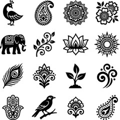 Detailed set of black and white vector illustrations featuring traditional cultural symbols and floral motifs © Grapic Design
