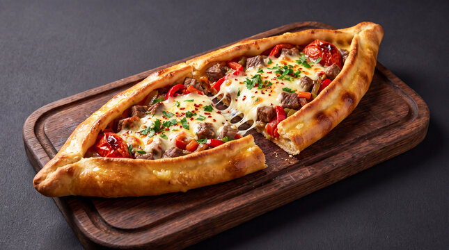 Freshly baked turkish pide with meat and melted cheese served on a