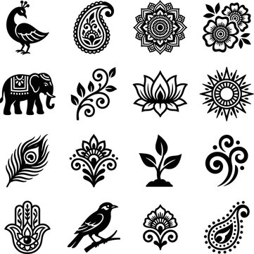 Detailed set of black and white vector illustrations featuring traditional cultural symbols and floral motifs