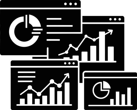 Professional business dashboard vector icons showing data visualization charts and graphs for corporate financial reporting