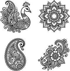 Set of four elegant black and white ornamental design elements featuring peacocks and traditional mandala patterns © Grapic Design
