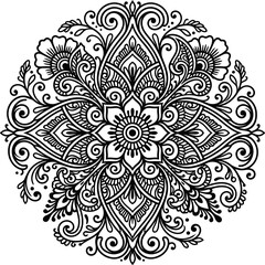 Symmetrical black and white mandala floral pattern for spiritual art or textile design decoration projects © Grapic Design