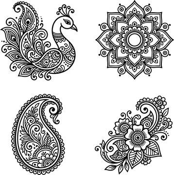 Set of four elegant black and white ornamental design elements featuring peacocks and traditional mandala patterns