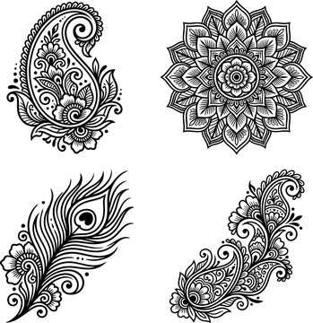 Set of intricate black and white mandala and paisley henna style floral vector pattern elements