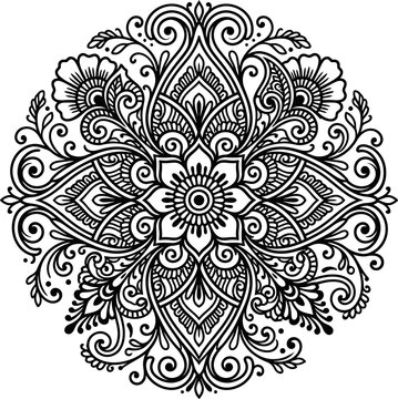Symmetrical black and white mandala floral pattern for spiritual art or textile design decoration projects