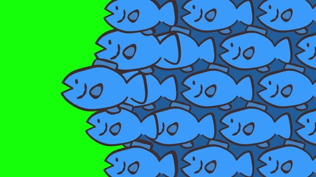 コミカルな魚群が画面を横切るゆるいイラストのトランジションセット