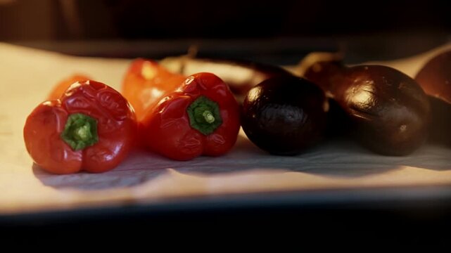 Fresh Red Bell Peppers And Eggplants Arranged On Parchment Paper. Healthy Cooking
