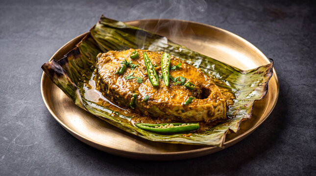 Steamed ilish paturi fish curry served on a banana leaf in a brass