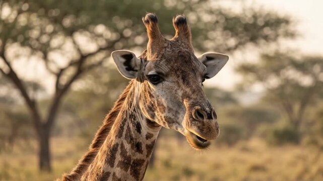 Adult giraffe portrait in warm golden hour sunlight with detailed patterned coat and African savannah bokeh