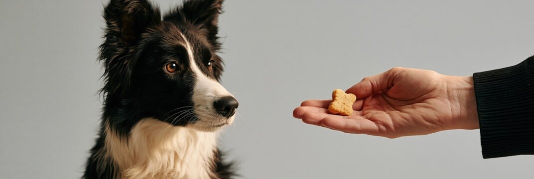 Border collie dog waiting for treat held in human hand, grey background. Training pet, positive reinforcement