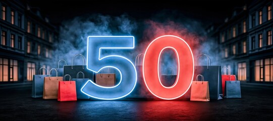 Fototapeta premium Futuristic Shopping Campaign Featuring Number Fifty in Neon Lighting Surrounded By Shopping Bags