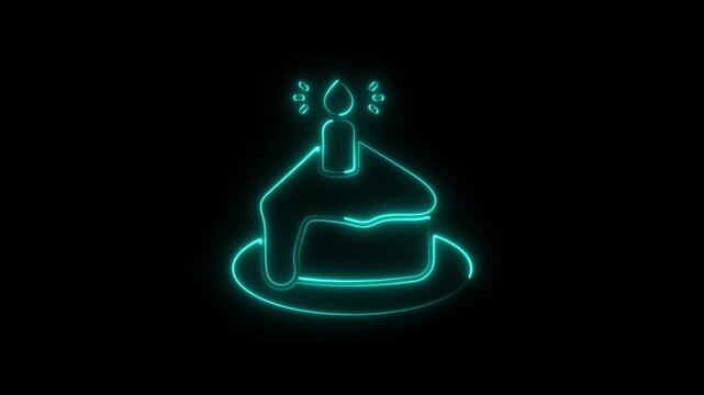 Glowing neon blue cake slice icon with a single candle on a plate
