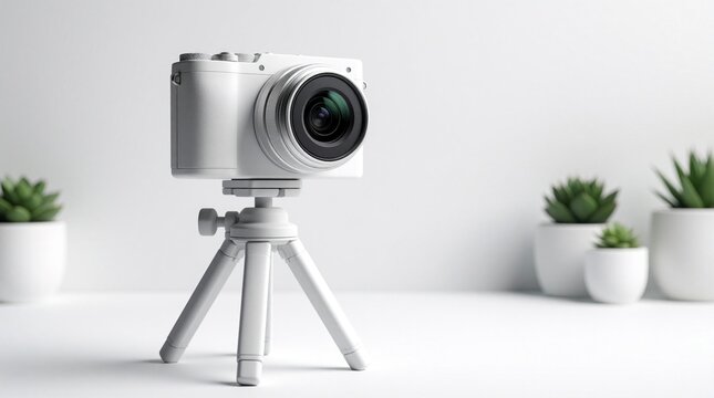 White digital camera on tripod in minimal studio. Modern mirrorless device with large lens stands on desk near small green plants. Pro photography equipment with clean background, copy space for