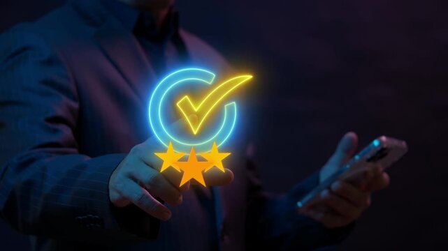 Businessman holding glowing certification checkmark seal badge with quality stars above smartphone. Premium service warranty guarantee, corporate compliance standard, and product approval concept.