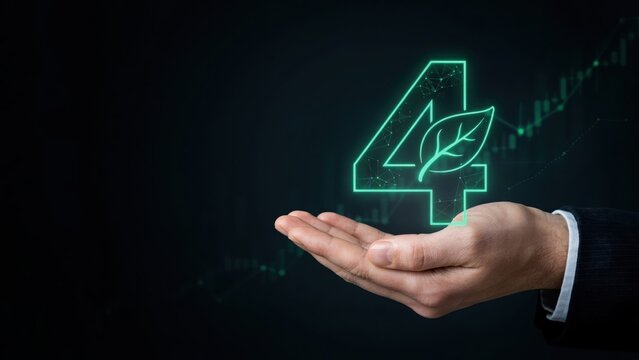 Businessman holding a glowing green number four with a leaf in hand
