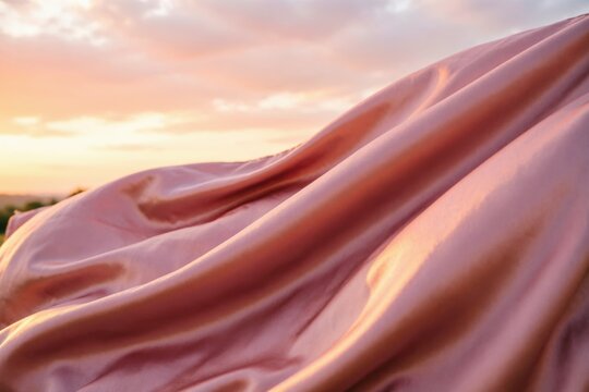 Tela de sat&eacute;n rosa rubor ondeando contra un suave cielo atardecer color melocot&oacute;n; movimiento gr&aacute;cil similar a las olas y pliegues lisos y brillantes, bajo una suave luz dorada