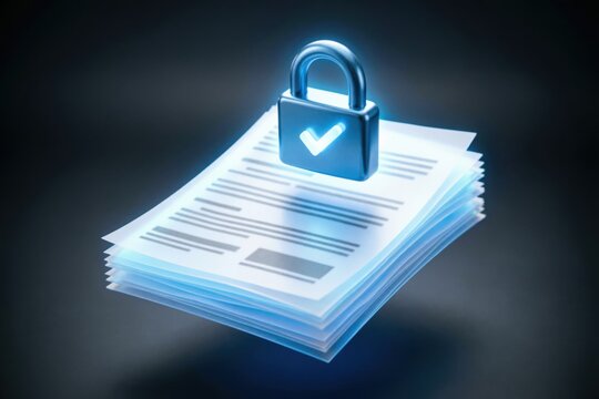 Pila flotante de documentos digitales con l&iacute;neas abstractas de marcador de posici&oacute;n y un icono de candado brillante con un s&iacute;mbolo de marca de verificaci&oacute;n, que representa archivos cifrados y almacena