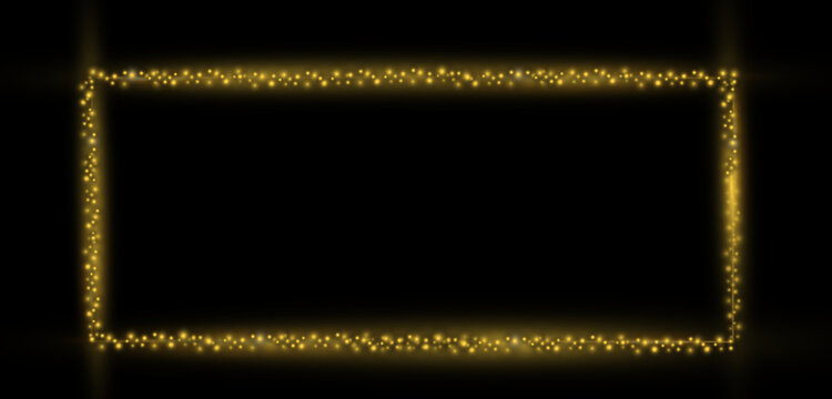 Abstract glowing bronze gold glitter frame with sparkles on black background